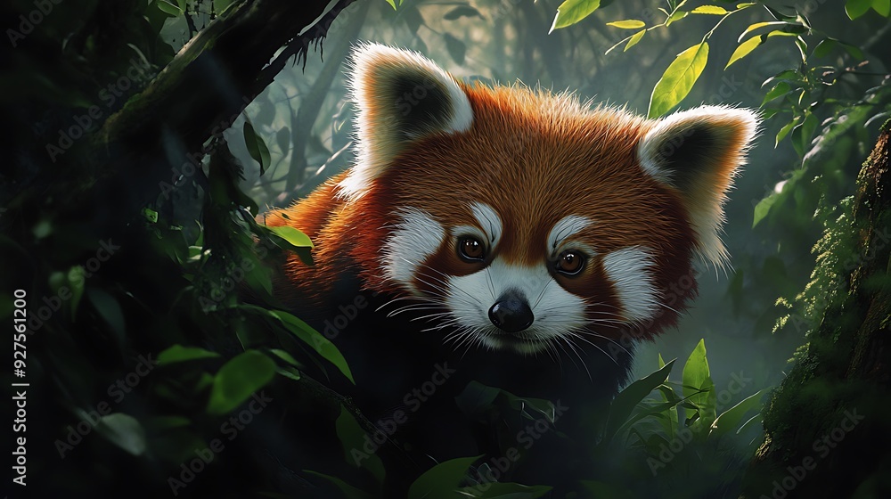 Obraz premium A red panda peeking out from the lush foliage of a green forest.