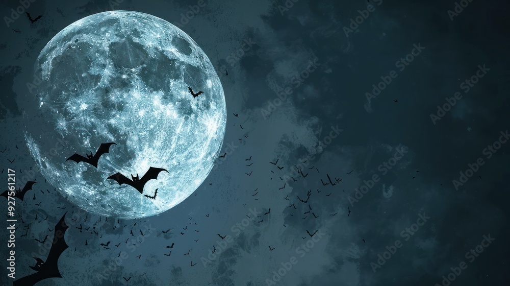Fototapeta premium A background featuring a full moon with bats flying across, perfect for Halloween party invitations or spooky greetings.
