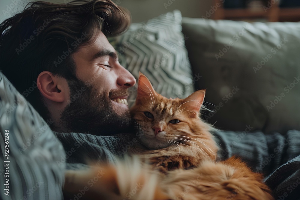 A man with a cat on the sofa at home, a happy and smiling man petting his fluffy white and grey striped tabby housecat sitting in his lap relaxing on the couch. A man with a cat on the sofa at home, a happy and smiling man petting his fluffy white and grey striped tabby housecat sitting in his lap relaxing on the couch.