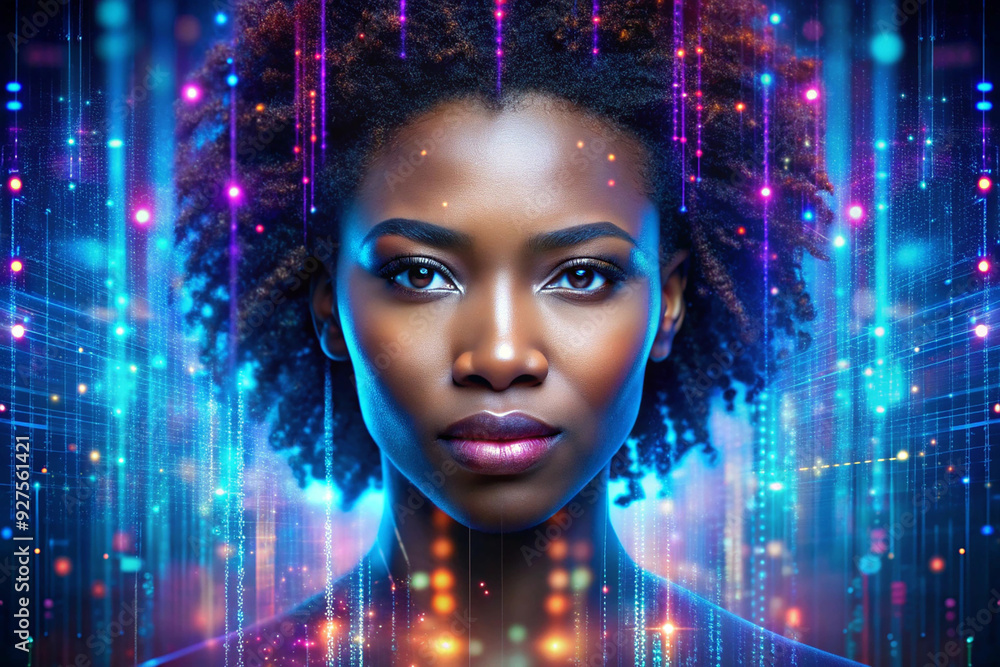 Hologram of the black woman face composed of vibrant digital pixels against the glowing digital data streams