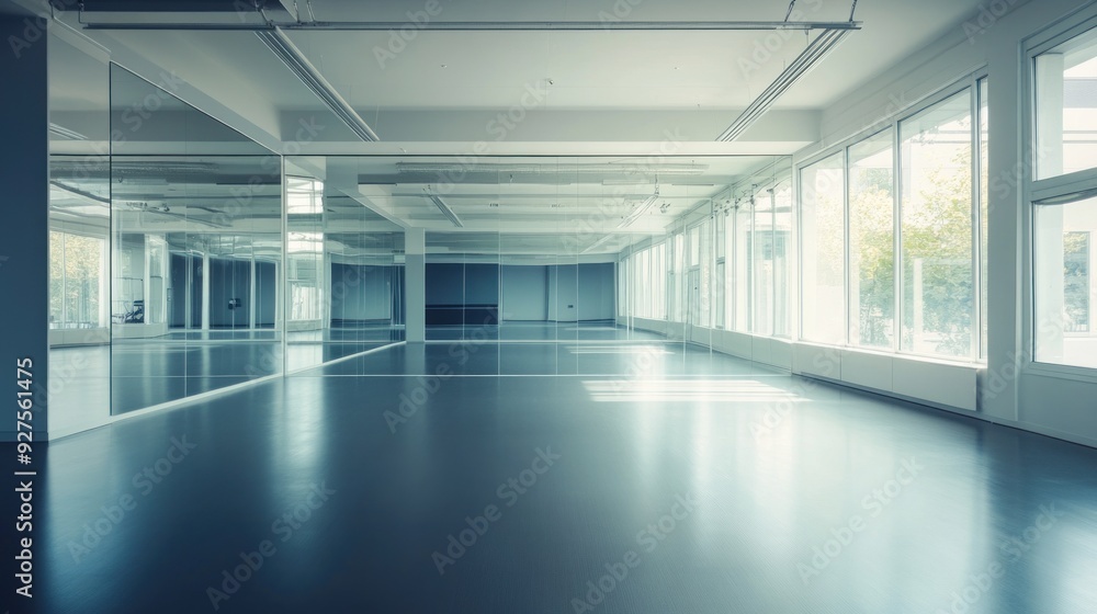 A spacious, empty office interior with large windows, reflecting a calm blue hue, and expansive flooring, suggesting a modern and potentially corporate environment. A spacious, empty office interior with large windows, reflecting a calm blue hue, and expansive flooring, suggesting a modern and potentially corporate environment.