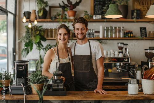 Portrait of young couple baristas in coffee shop or bar. Entrepreneur, SME and startup concept photo