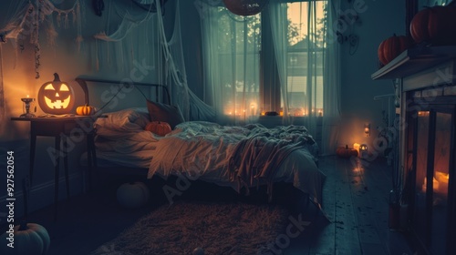 Wallpaper Mural A bedroom with Halloween decorations, creating a spooky ambiance. Torontodigital.ca