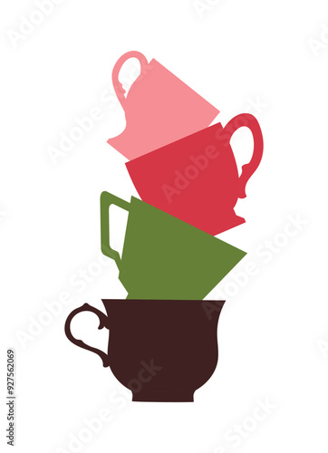 cute colorful cups stack. A pyramid of mugs on a white background. Flat design. Vector illustration.