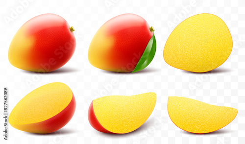 Set of fresh mango fruit. Whole and slice mango fruit with leaf. Exotic mango fruit isolated on transparent background. Summer tropical vitamin food. Realistic 3d vector illustration