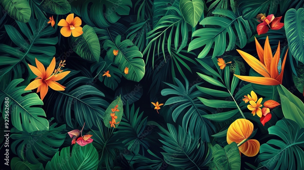 a banner featuring the lush greens and exotic floral of the Amazon Rainforest. a Brazil-Themed Banner Design. a banner featuring the lush greens and exotic floral of the Amazon Rainforest. a Brazil-Themed Banner Design.