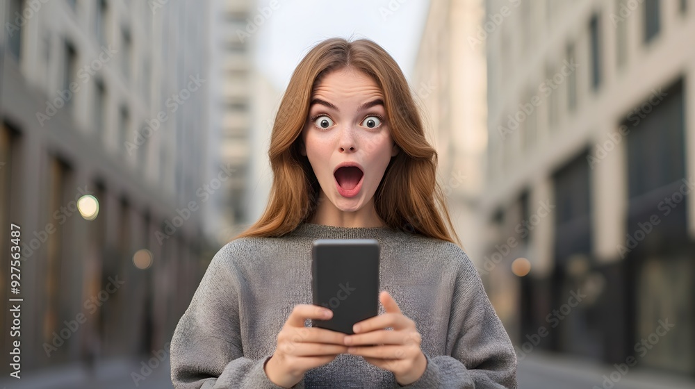 Fototapeta premium A surprised woman holding a smartphone, displaying shock and excitement in an urban setting.