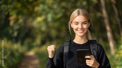 A cheerful woman stands on a scenic path, holding a phone and celebrating a moment of success in nature. photo