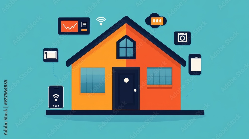 custom made wallpaper toronto digitalIllustration of a smart home technology setup with various connected devices such as smartphones, tablets, and security systems against a blue background.