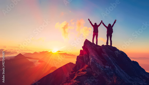 Two women are standing on a mountain, one of them is wearing a yellow jacket. They are both smiling and holding hands, as if they are celebrating a special occasion. The sky is clear