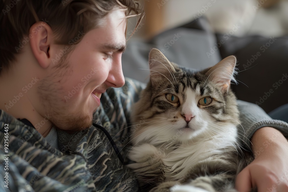 A man with a cat on the sofa at home, a happy and smiling man petting his fluffy white and grey striped tabby housecat sitting in his lap relaxing on the couch. A man with a cat on the sofa at home, a happy and smiling man petting his fluffy white and grey striped tabby housecat sitting in his lap relaxing on the couch.