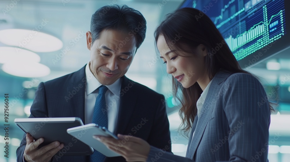 Two happy professional business people team asian woman and latin man workers working using digital tablet tech discussing financial market data standing at corporate office meeting. Two happy professional business people team asian woman and latin man workers working using digital tablet tech discussing financial market data standing at corporate office meeting.