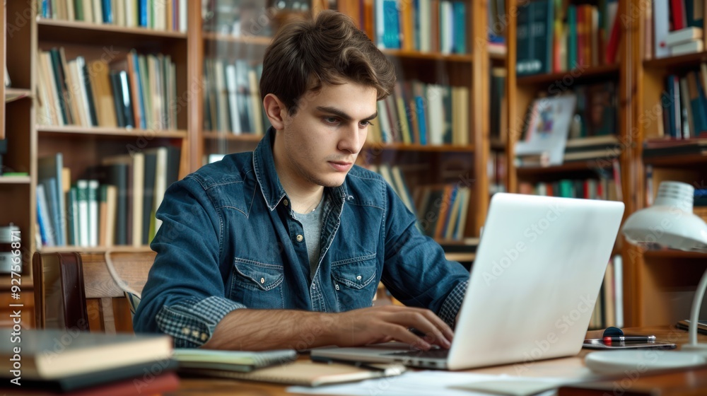 A young adult working on a laptop at a home office desk A young adult working on a laptop at a home office desk