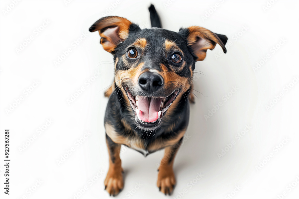 Happy black and tan dog smiling on a white background Happy black and tan dog smiling on a white background