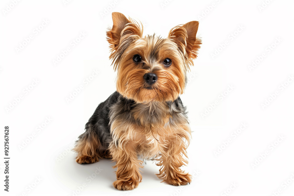 A small, fluffy puppy sitting on a white background during a photo shoot A small, fluffy puppy sitting on a white background during a photo shoot