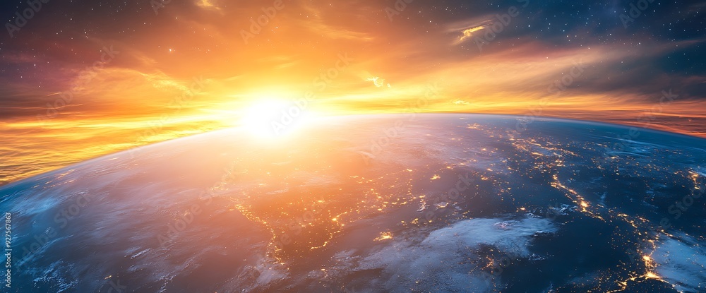 Fototapeta premium A sunrise over the Earth with a view of the continents, clouds, and the sun shining brightly.