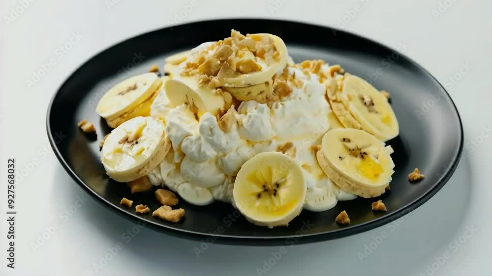 A plate of banana cream, showcasing the white cream, with fresh banana slices, and crumbled vanilla wafers, served on black background, isolated on white background A plate of banana cream, showcasing the white cream, with fresh banana slices, and crumbled vanilla wafers, served on black background, isolated on white background