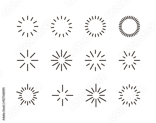 Set of radial circular line illustrations in simple, minimal, geometric and abstract design of firecrackers, light, rays and beam effect concepts.