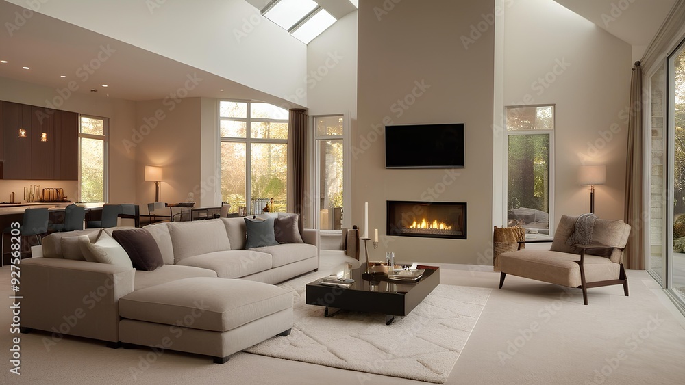 Fototapeta premium modern living room with high ceilings, a cozy atmosphere, and a fireplace.