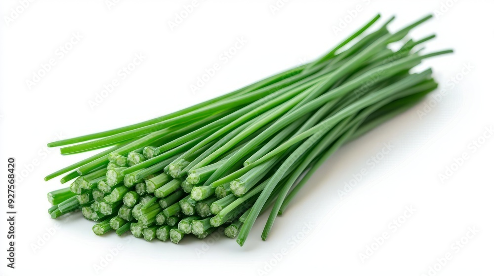 A close-up of a single chive stem with a vibrant green color A close-up of a single chive stem with a vibrant green color