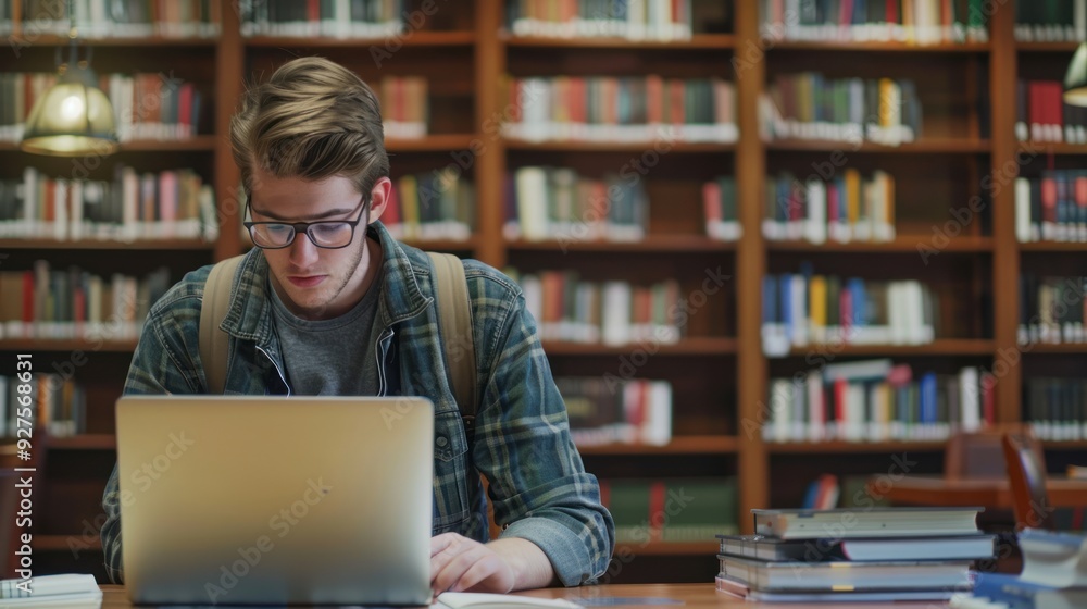 A young adult in a college library with a laptop open and books nearby A young adult in a college library with a laptop open and books nearby