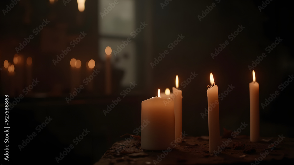 Candles glowing softly in a dimly lit room, creating a peaceful and reflective atmosphere Candles glowing softly in a dimly lit room, creating a peaceful and reflective atmosphere