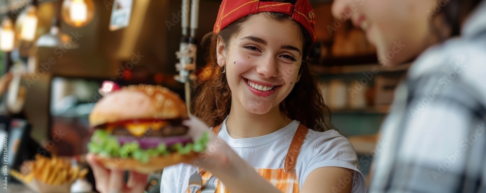 Smiling food truck employee presenting a delicious, freshly made burger in a friendly, welcoming manner. Smiling food truck employee presenting a delicious, freshly made burger in a friendly, welcoming manner.