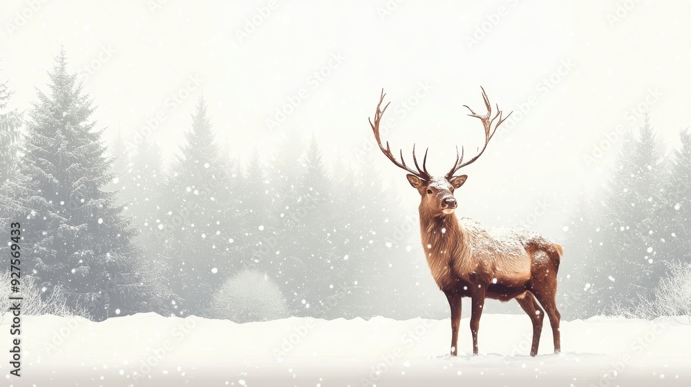 A majestic deer stands gracefully in a snowy landscape, surrounded by tall evergreen trees and falling snowflakes. A majestic deer stands gracefully in a snowy landscape, surrounded by tall evergreen trees and falling snowflakes.