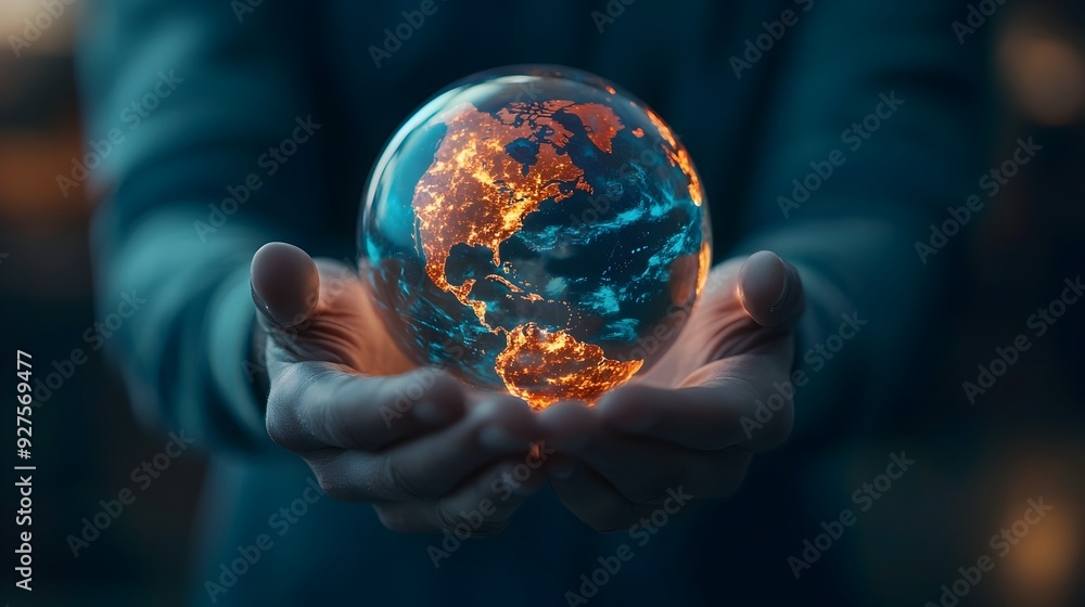 Visionary Leader Holding Holographic Globe Representing Future Business Trends and Global Visionary Leader Holding Holographic Globe Representing Future Business Trends and Global