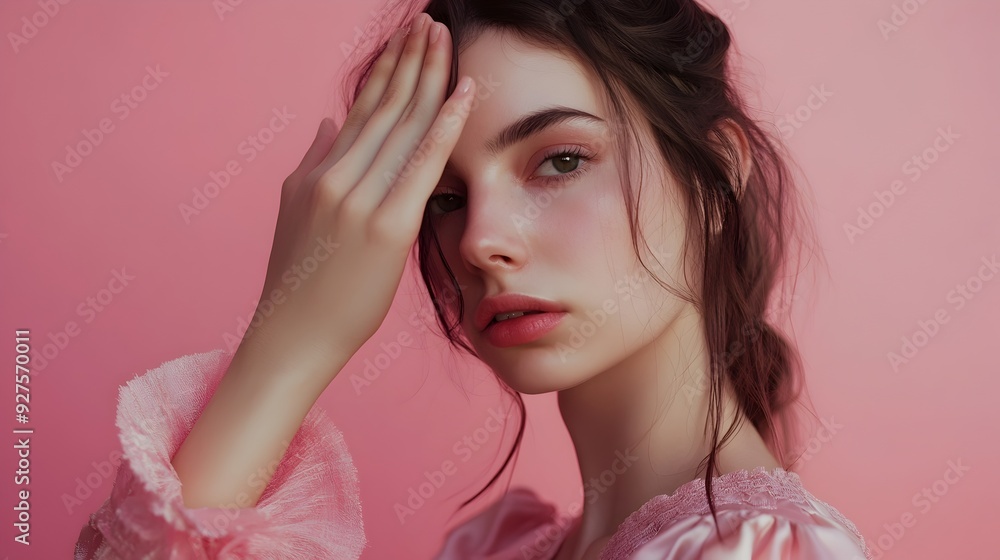Pensive Young Woman with Elegant Makeup and Styling in Vivid Pink Studio Setting Pensive Young Woman with Elegant Makeup and Styling in Vivid Pink Studio Setting