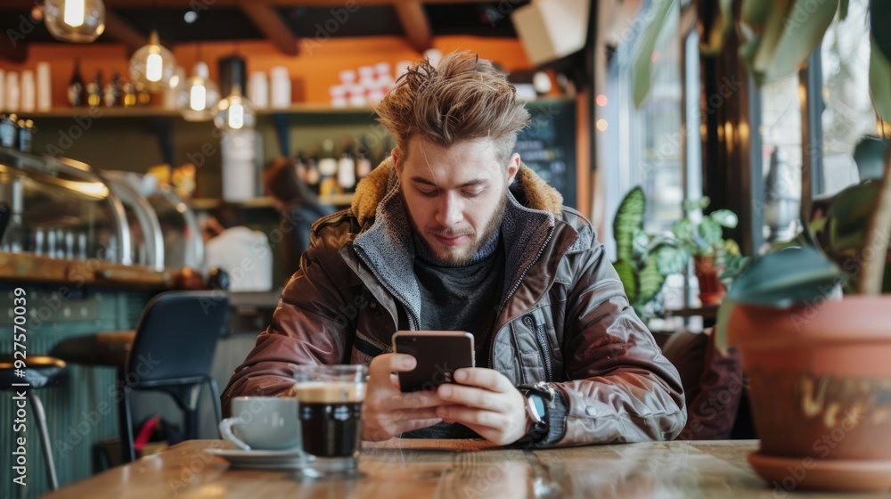 A young adult sitting at a cafe texting on their phone with a coffee next to them A young adult sitting at a cafe texting on their phone with a coffee next to them