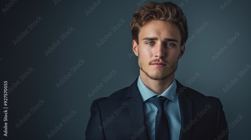 A studio portrait of a young adult wearing professional attire looking straight into the camera A studio portrait of a young adult wearing professional attire looking straight into the camera
