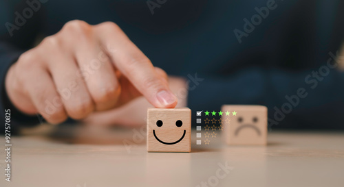 Obraz na płótnie happy smiley face icon emotions. Good feedback rating, positive customer review, evaluation and satisfaction, give rating to service experience on online application for Customer review feedback. w salonie