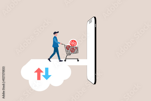 Online shopping or mobile shop app concept, Businessman pushing shopping cart trolley running from website or app on mobile smartphone. concept of Online shopping or mobile shopping app