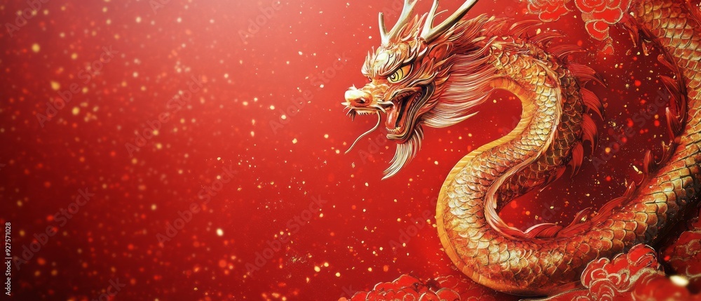 Obraz premium A vibrant red dragon weaves through flowers under a shimmering sky