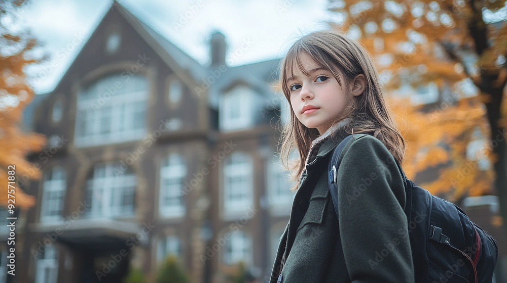 Confident Schoolgirl Posing in Coat Outside School with Copy Space for Text - Full-length View of Student with School Building in Background Confident Schoolgirl Posing in Coat Outside School with Copy Space for Text - Full-length View of Student with School Building in Background