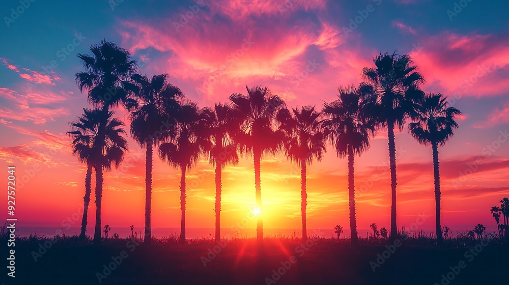 Serene Palm Tree Silhouettes at Vibrant Sunset with Copy Space Serene Palm Tree Silhouettes at Vibrant Sunset with Copy Space