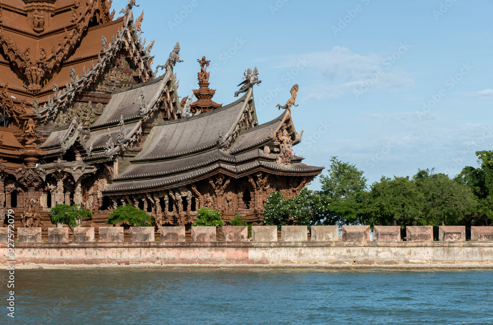 Sanctuary of Truth Museum located in Pattaya Thailand, is the largest wooden castle in the world The museum structure is a hybrid of temple and a castle that is themed on the Ayutthaya Kingdom