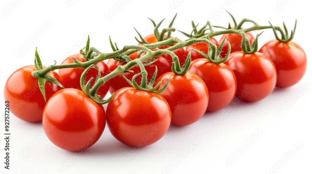 A branch of ripe cherry tomatoes with bright red skin and fresh green stems, isolated on a white background, representing fresh produce. A branch of ripe cherry tomatoes with bright red skin and fresh green stems, isolated on a white background, representing fresh produce.