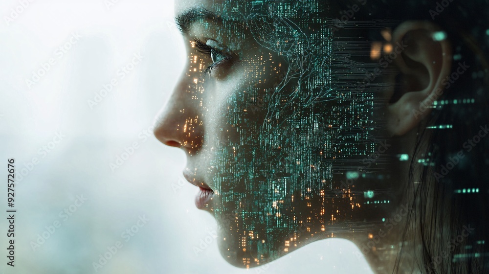 Digital Brain Mapping - Close-up of Person's Head with Translucent Binary Elements, Copy Space on Clean Background Digital Brain Mapping - Close-up of Person's Head with Translucent Binary Elements, Copy Space on Clean Background