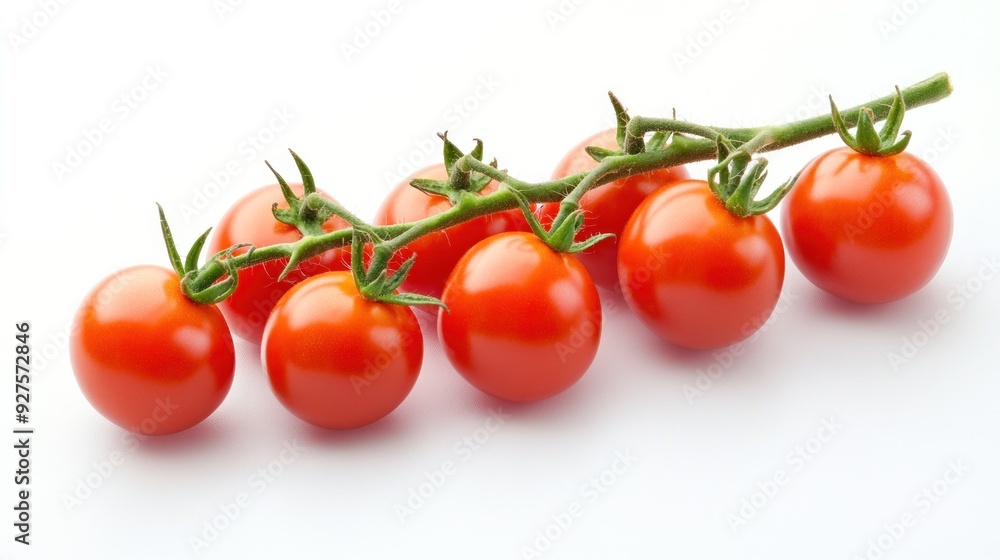 A vine of seven bright red cherry tomatoes with green stems against a white background, showcasing their fresh and ripe appearance. A vine of seven bright red cherry tomatoes with green stems against a white background, showcasing their fresh and ripe appearance.