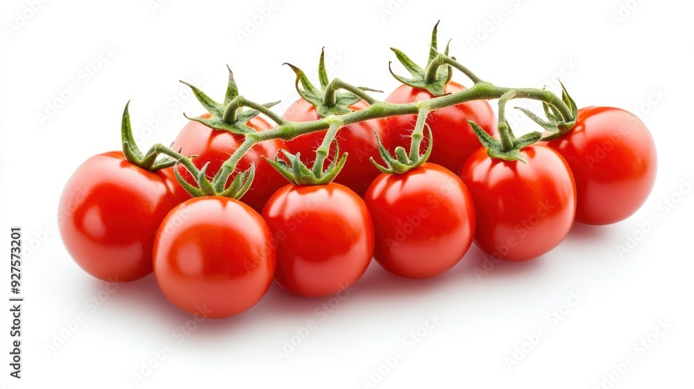 A fresh cluster of ripe red cherry tomatoes attached to a green vine, isolated on a white background, suggestive of healthy eating and cooking ingredients. A fresh cluster of ripe red cherry tomatoes attached to a green vine, isolated on a white background, suggestive of healthy eating and cooking ingredients.
