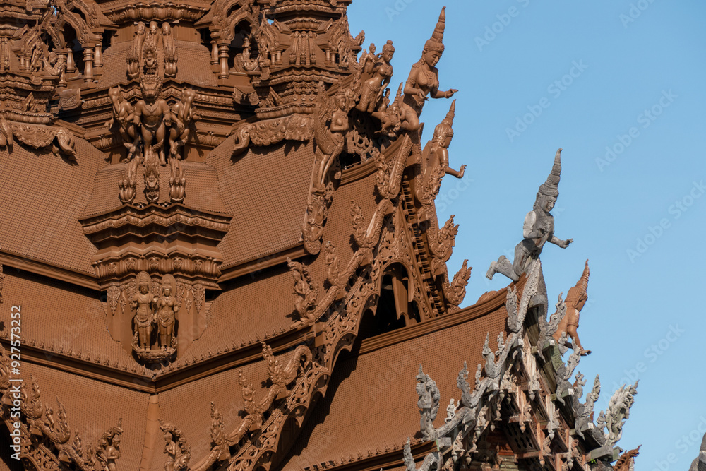 Sanctuary of Truth Museum located in Pattaya Thailand, is the largest wooden castle in the world The museum structure is a hybrid of temple and a castle that is themed on the Ayutthaya Kingdom