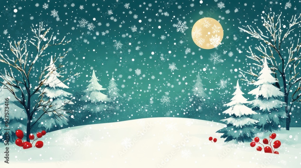 A serene winter landscape featuring snow-covered trees, falling snowflakes, and a glowing moon creating a magical atmosphere. A serene winter landscape featuring snow-covered trees, falling snowflakes, and a glowing moon creating a magical atmosphere.