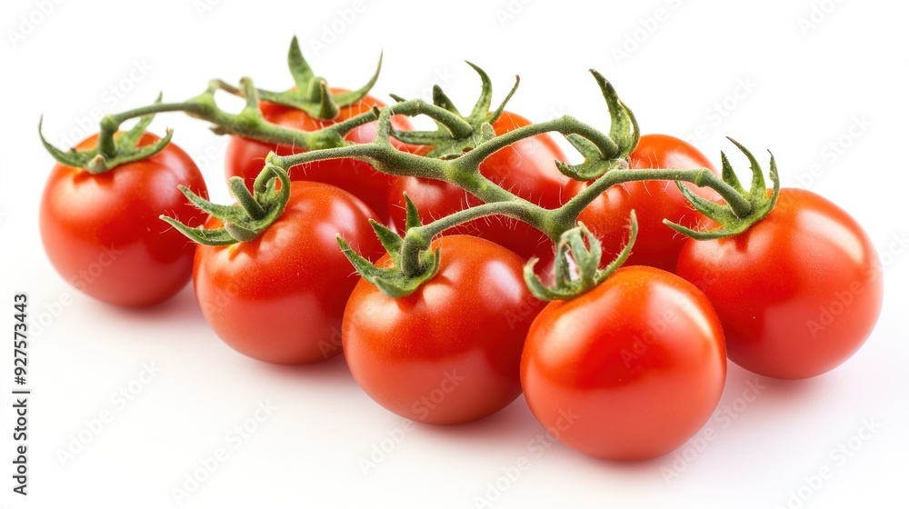 A fresh cluster of ripe red tomatoes still attached to a vibrant green vine, isolated on a white background, symbolizing fresh produce. A fresh cluster of ripe red tomatoes still attached to a vibrant green vine, isolated on a white background, symbolizing fresh produce.