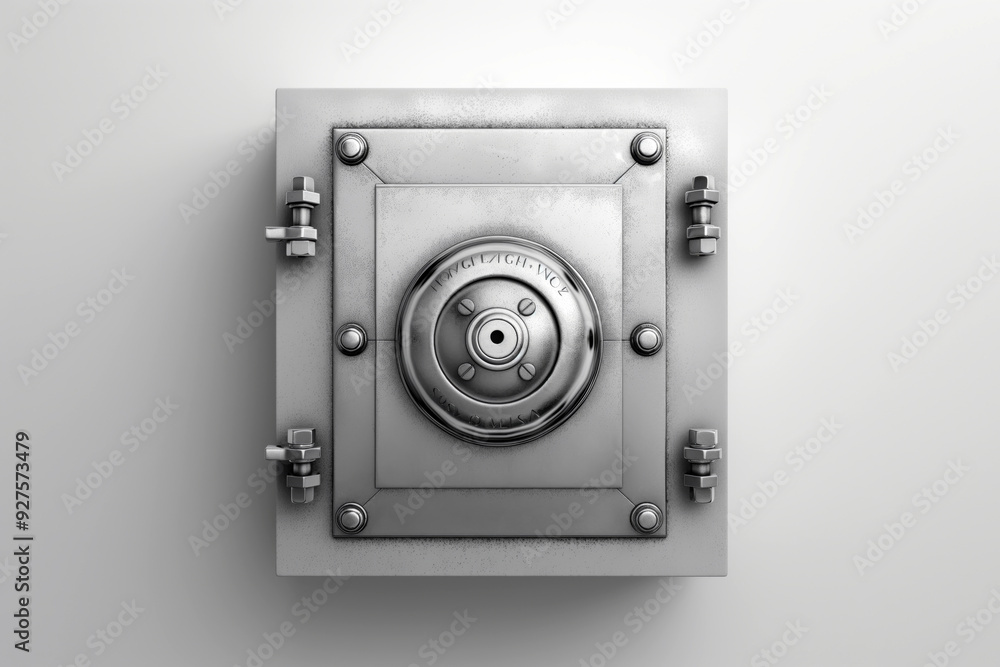 Single, sleek, metallic safe lock mechanism centered on a clean, white background. Single, sleek, metallic safe lock mechanism centered on a clean, white background.