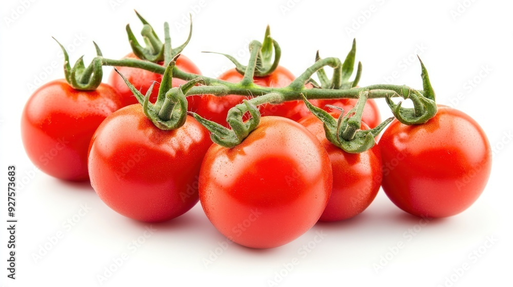 A cluster of ripe red cherry tomatoes with bright green stems, freshly picked and displayed against a white background. A cluster of ripe red cherry tomatoes with bright green stems, freshly picked and displayed against a white background.