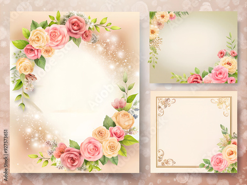 Set of three delicate wedding cards with flowers roses and space for text