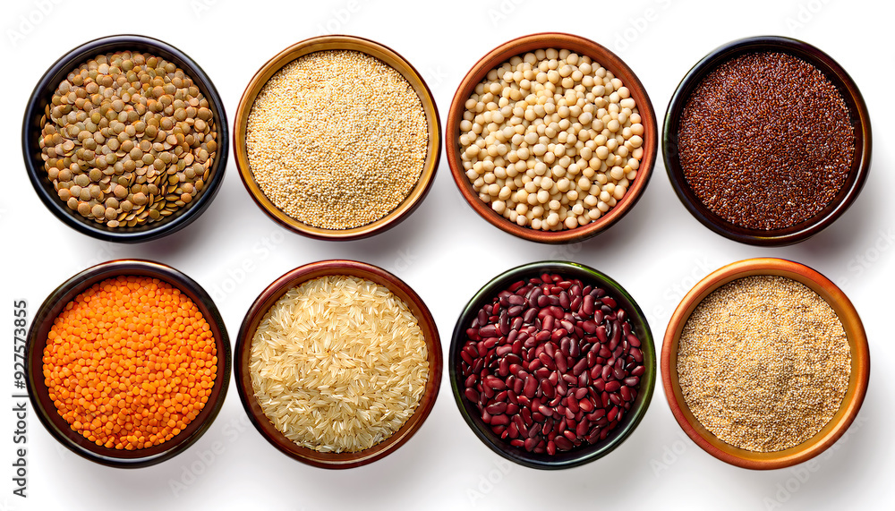 An assortment of bowls filled with whole grains and legumes, featuring quinoa, lentils, and brown rice, captured from a top-angle on a white background. An assortment of bowls filled with whole grains and legumes, featuring quinoa, lentils, and brown rice, captured from a top-angle on a white background.
