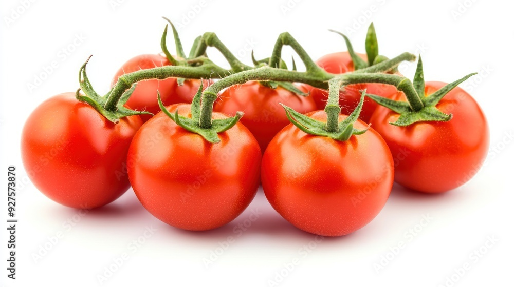 A branch of ripe, red cherry tomatoes with their green stems intact, isolated on a white background, symbolizing fresh produce. A branch of ripe, red cherry tomatoes with their green stems intact, isolated on a white background, symbolizing fresh produce.